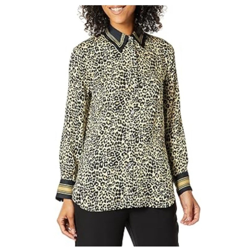 Equipment Bradner Leopard Print Shirt XS‎ Black Beige Striped Collar Button Up